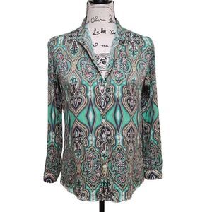 💚 CRAIG TAYLOR Women's Silk Button-down Paisley Print Green Shirt Blouse XS